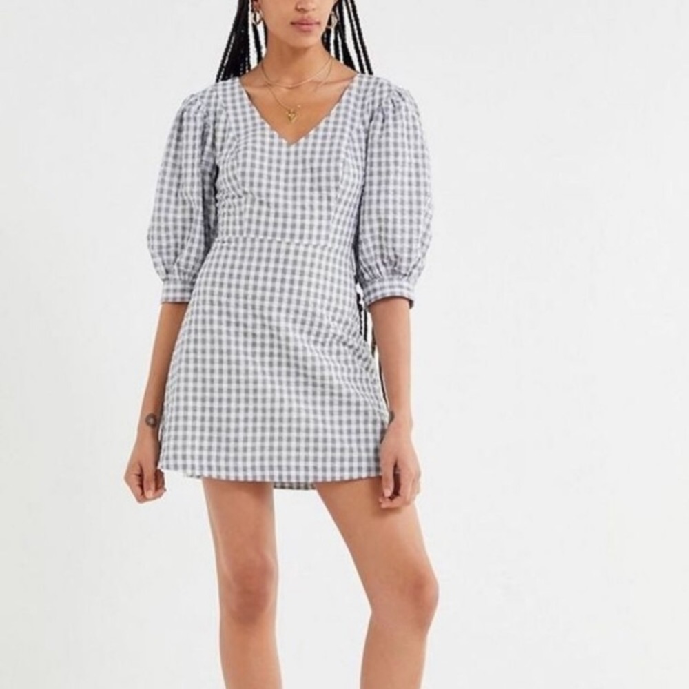 Urban Outfitters Lena Gingham Puff Sleeve Mini Dress in Blue